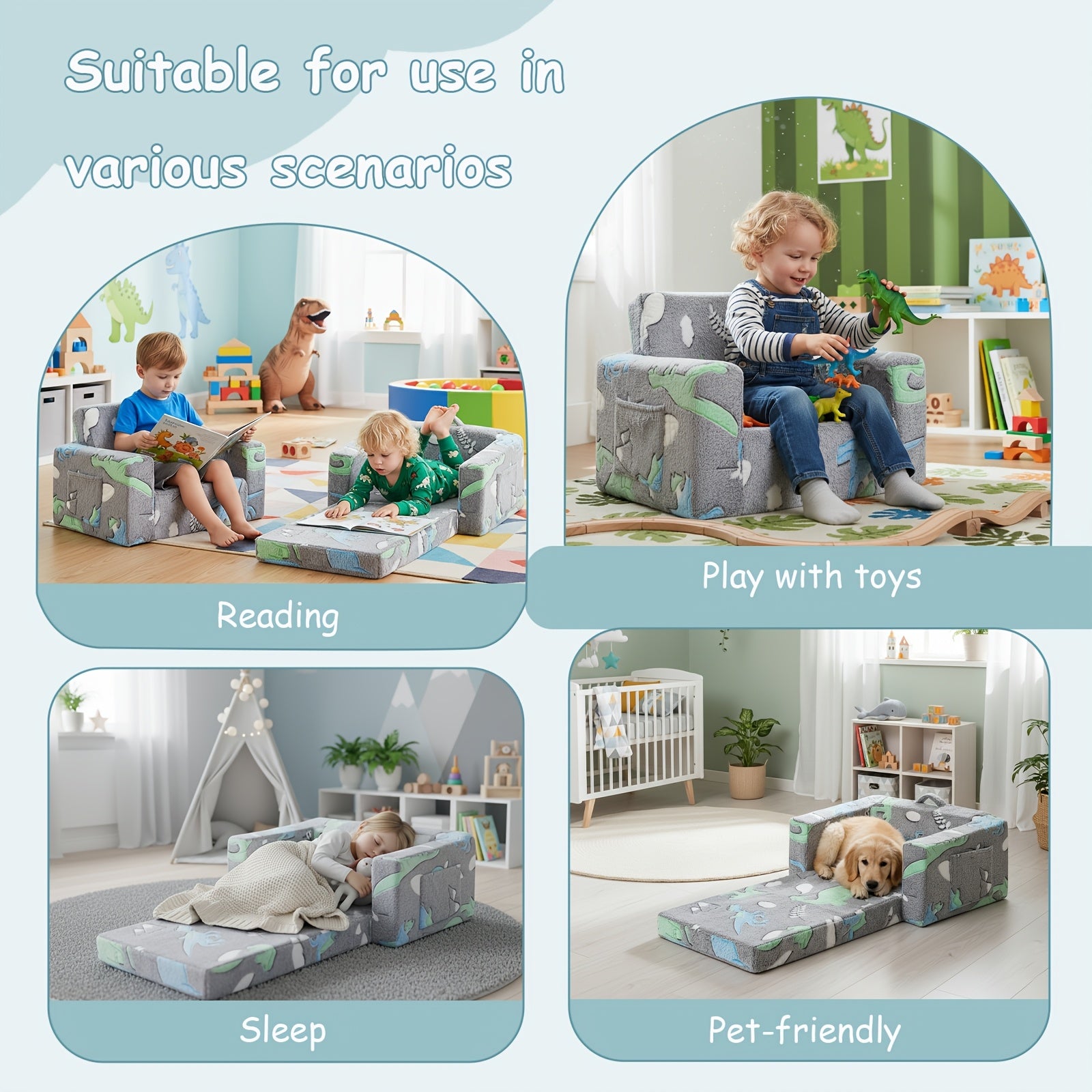 Tiita 2-In-1 Kids Sofa Bed Chair, Foldable Plush Lounger with Comfy Armrest, Machine Washable, Stackable, Multipurpose Furniture for Various Rooms
