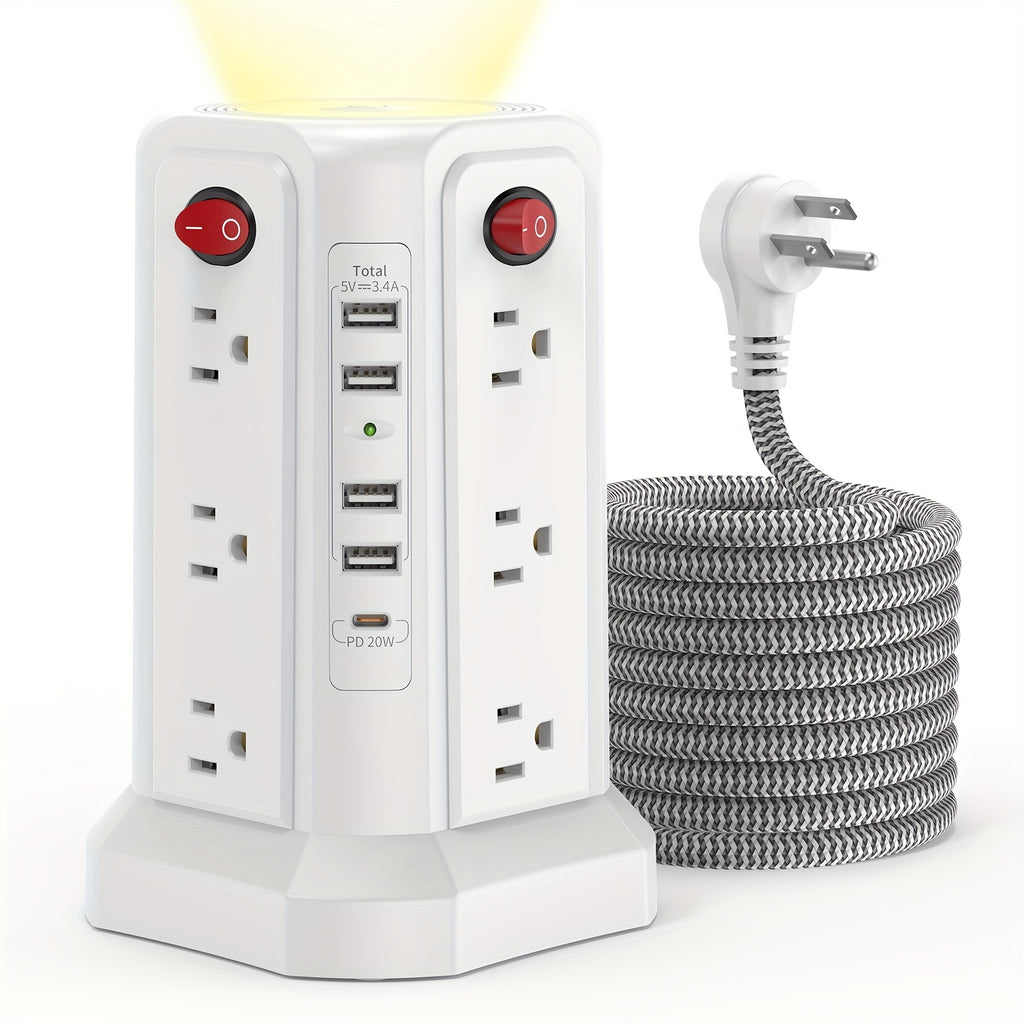 Tower Surge Protector Power Strip 17-in-1 – 8.8FT Extension Cord, 12 AC Outlets, 5 USB Ports with PD 18W USB-C, Surge Protection for Home Office Dorm & Business, Grey