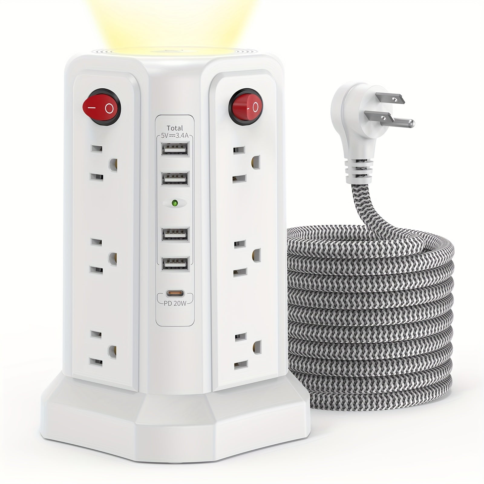 Tower Surge Protector Power Strip 17-in-1 – 8.8FT Extension Cord, 12 AC Outlets, 5 USB Ports with PD 18W USB-C, Surge Protection for Home Office Dorm & Business, Grey