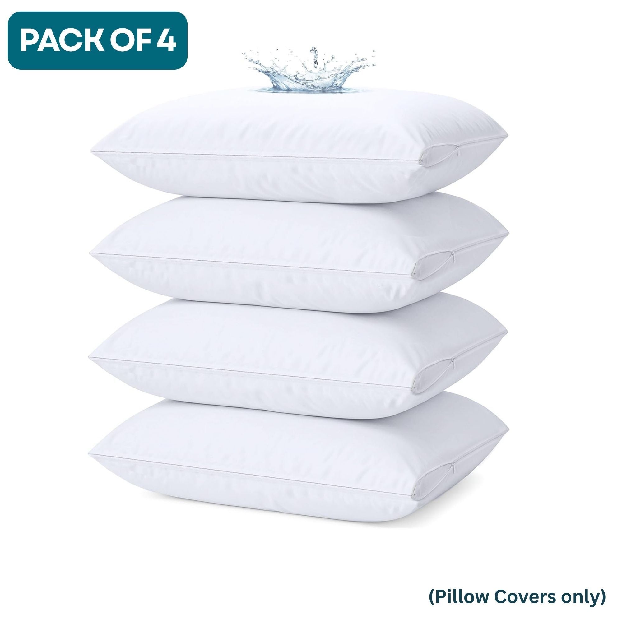 Pack of 4 Waterproof Zippered Pillow Protector, Soft and Nioseless Pillow Protector with Zipper - Waterproof and Machine Washable - Breathable Pillowcases - Protects Pillows from Dirt, Dust and Debris - Zippered Pillow Encasement, Available in Queen, Stan