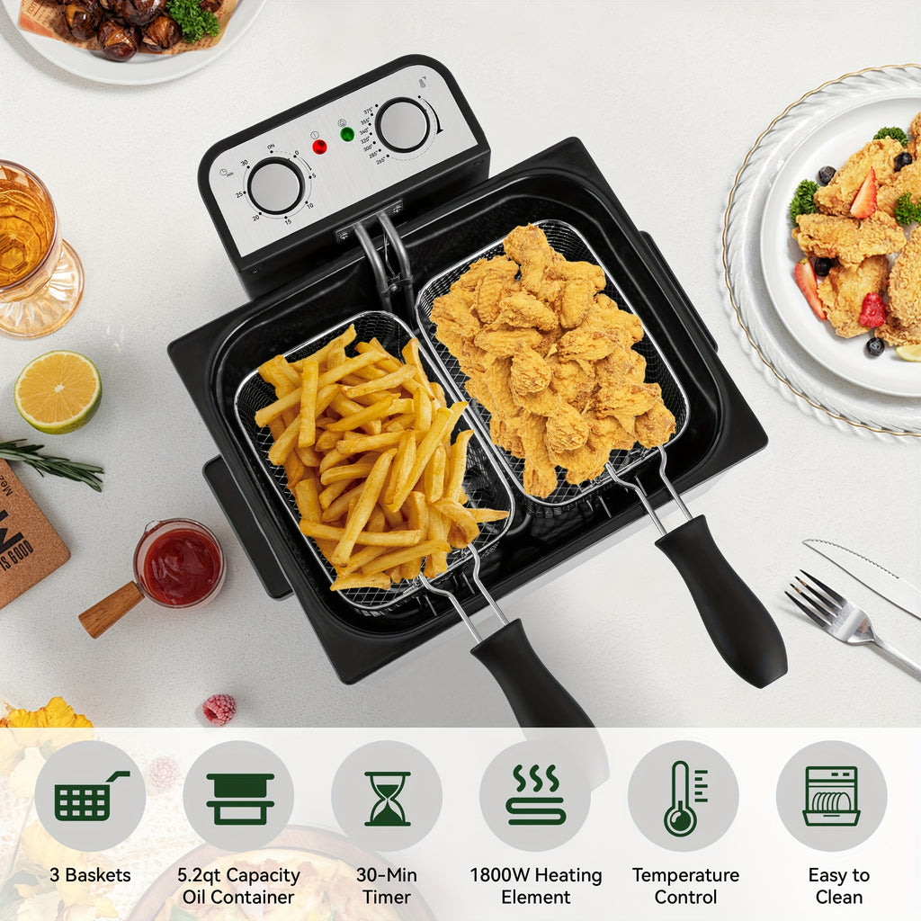 Electric Deep Fryer with Basket 84.5oz / 1.59gal – Stainless Steel, Adjustable Temperature & Timer, Odor Filter Lid, Easy Clean, Perfect for Fried Chicken, Fish, Fries & Donuts