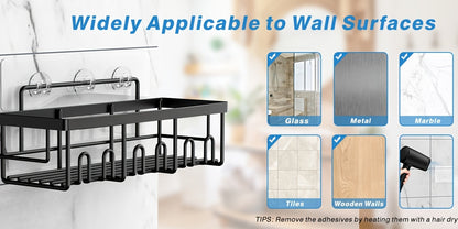 Adhesive Shower Caddy Organizer 5-Pack – No Drilling Rustproof Stainless Steel Shower Shelves with Soap Holder, Wall-Mounted Bathroom Storage Rack for Renters & Families
