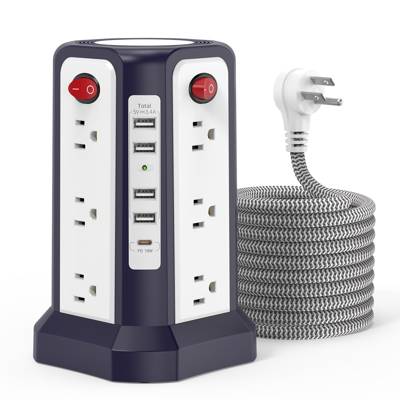 Tower Surge Protector Power Strip 17-in-1 – 8.8FT Extension Cord, 12 AC Outlets, 5 USB Ports with PD 18W USB-C, Surge Protection for Home Office Dorm & Business, Grey
