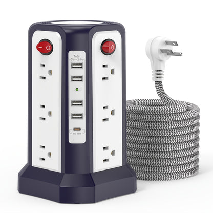 Tower Surge Protector Power Strip 17-in-1 – 8.8FT Extension Cord, 12 AC Outlets, 5 USB Ports with PD 18W USB-C, Surge Protection for Home Office Dorm & Business, Grey