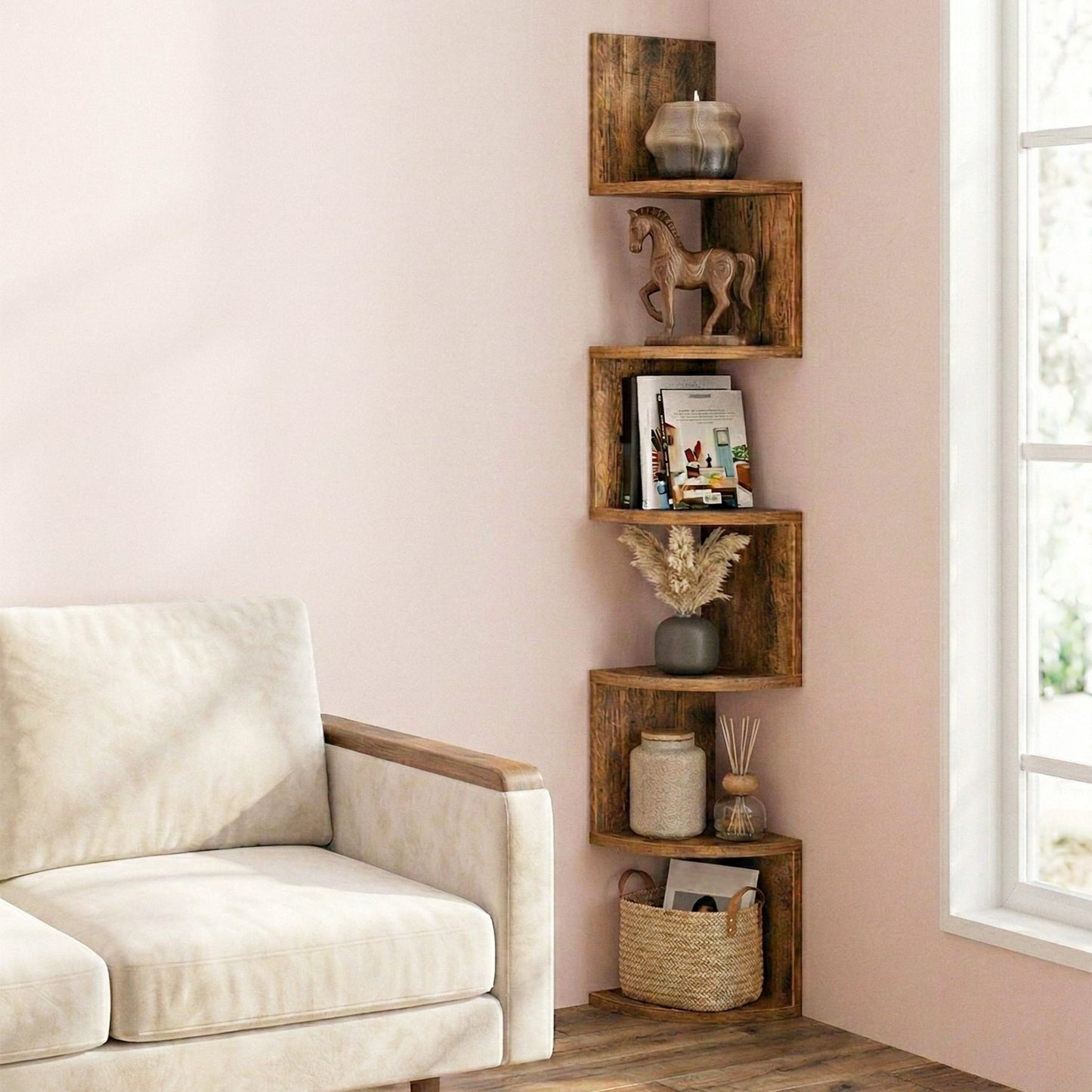 5-Tier Corner Floating Wall Shelf with Zigzag Design – Rustic Brown Bookshelf, 7.9"x7.9"x49.6", 33 lb Capacity, Scratch-Resistant for Living Room Bedroom Office
