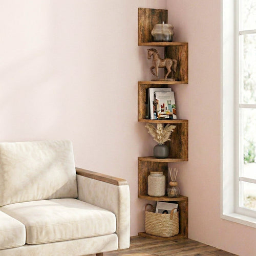 5-Tier Corner Floating Wall Shelf with Zigzag Design – Rustic Brown Bookshelf, 7.9"x7.9"x49.6", 33 lb Capacity, Scratch-Resistant for Living Room Bedroom Office