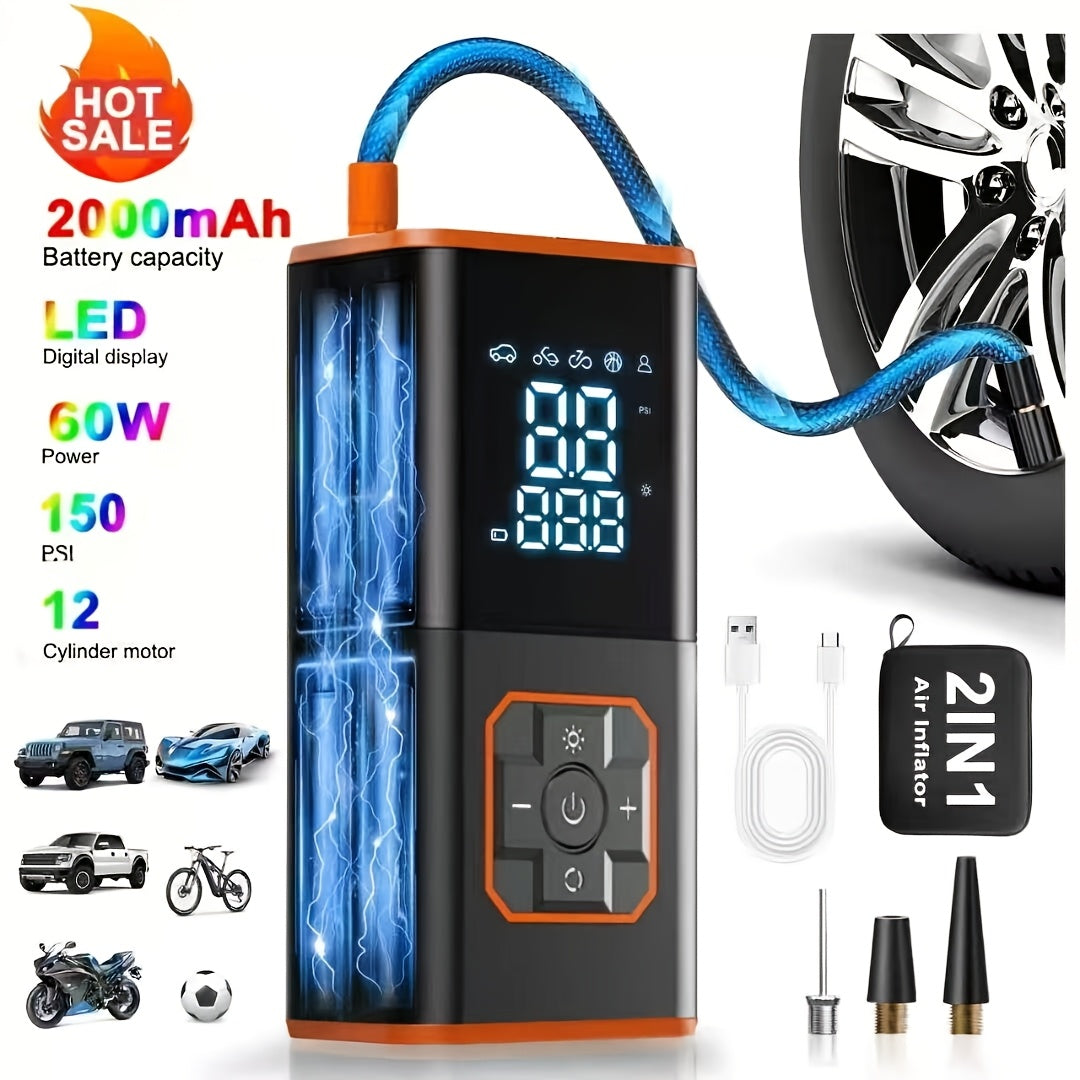 Cordless Digital Air Pump Portable Tire Inflator, One-Button Auto Inflate & Deflate for Car Tires Basketballs Swimming Rings, Fast Charging Wireless Air Compressor with LED Display