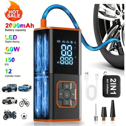 Cordless Digital Air Pump Portable Tire Inflator, One-Button Auto Inflate & Deflate for Car Tires Basketballs Swimming Rings, Fast Charging Wireless Air Compressor with LED Display