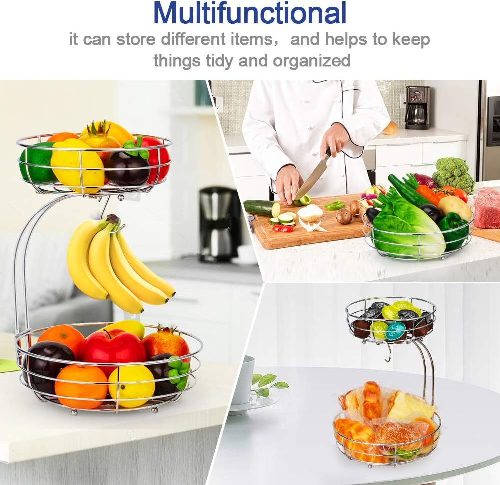 Tier Countertop Fruit Vegetables Basket Bowl Storage With Banana Hanger, Chrome