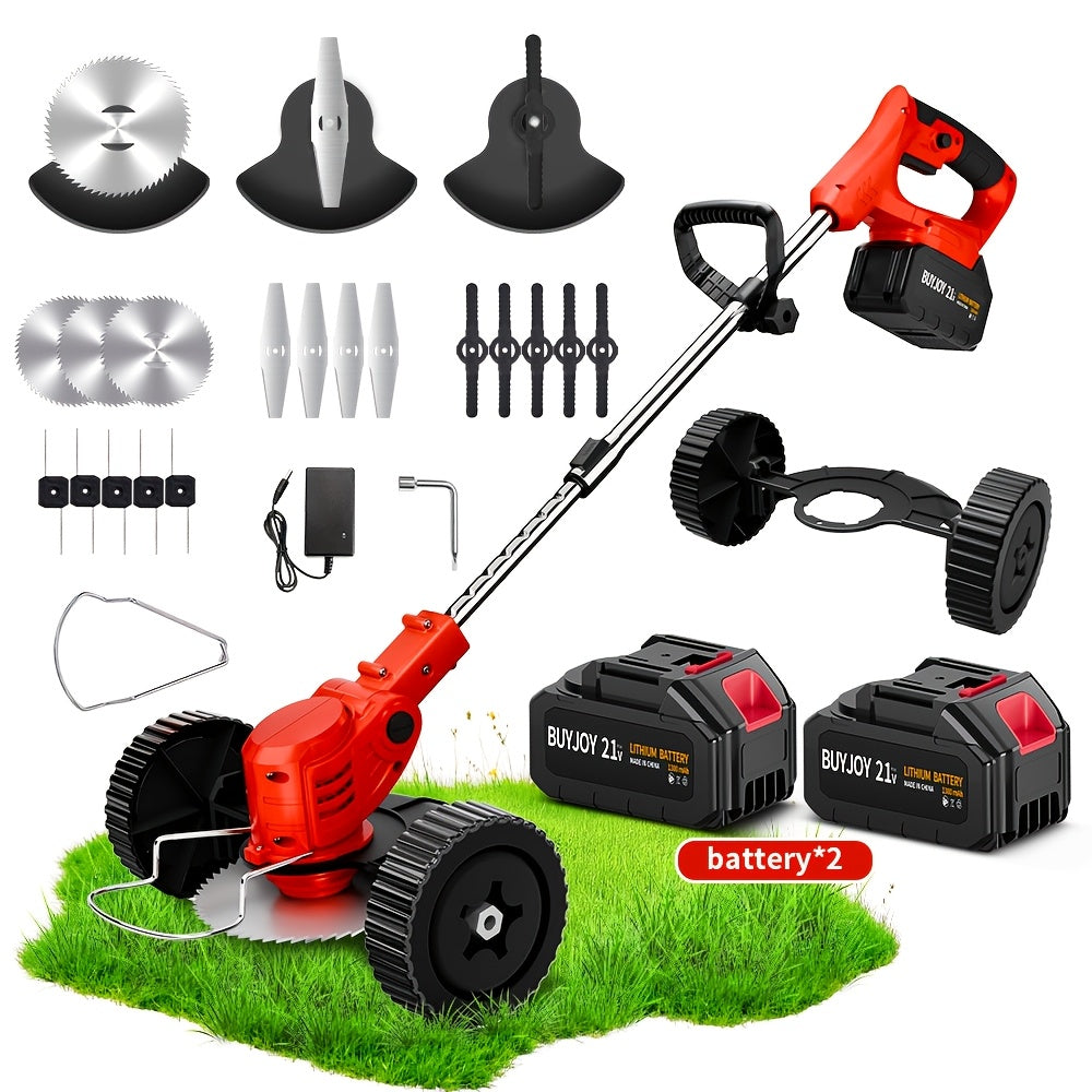 3-in-1 Cordless String Trimmer Lawn Mower & Brush Cutter with Dual Battery, Multiple Blade Types & Wheeled Design – Lightweight Electric Weed Eater for Lawn, Garden & Yard Trimming, Great Father's Day Gift