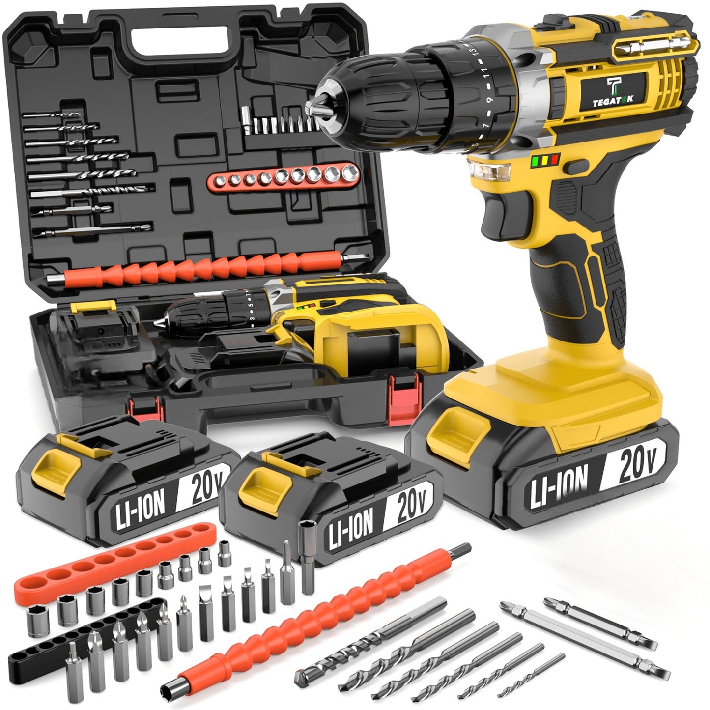 20V Cordless Impact Drill 35Nm Max Torque, 18+3 Torque Settings, 3/8" Keyless Chuck, Built-in LED Light, 2.0Ah Battery, Drills Concrete Walls Tightens Screws, Perfect Gift for DIY & Professionals