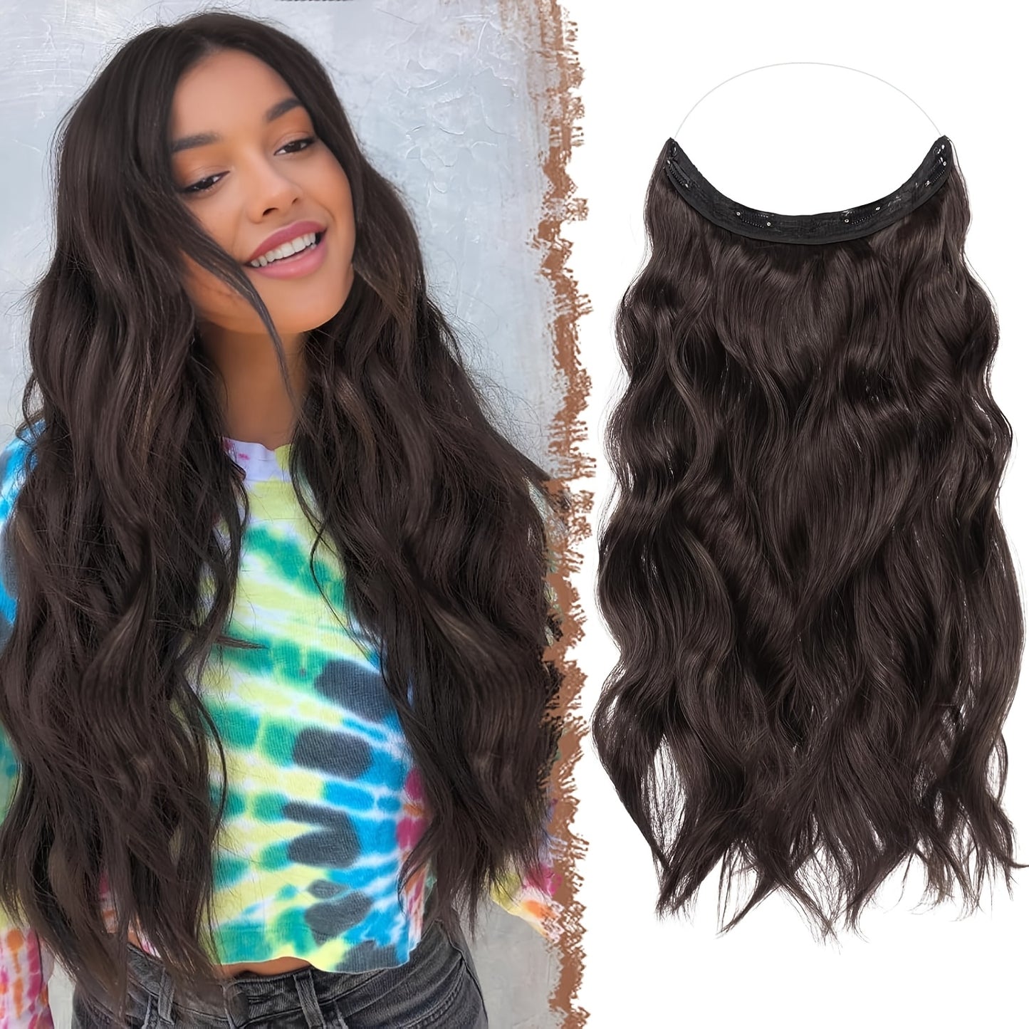 Invisible Wire Hair Extensions 20 Inch – Transparent Wire Long Wavy Synthetic Hairpiece with Secret Headband & Clips for Women, Dark Ash Blonde Mixed Bleach Blonde