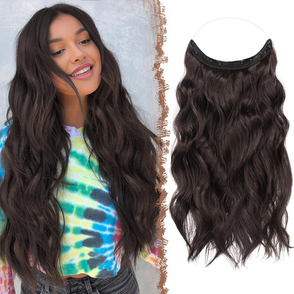 Invisible Wire Hair Extensions 20 Inch – Transparent Wire Long Wavy Synthetic Hairpiece with Secret Headband & Clips for Women, Dark Ash Blonde Mixed Bleach Blonde