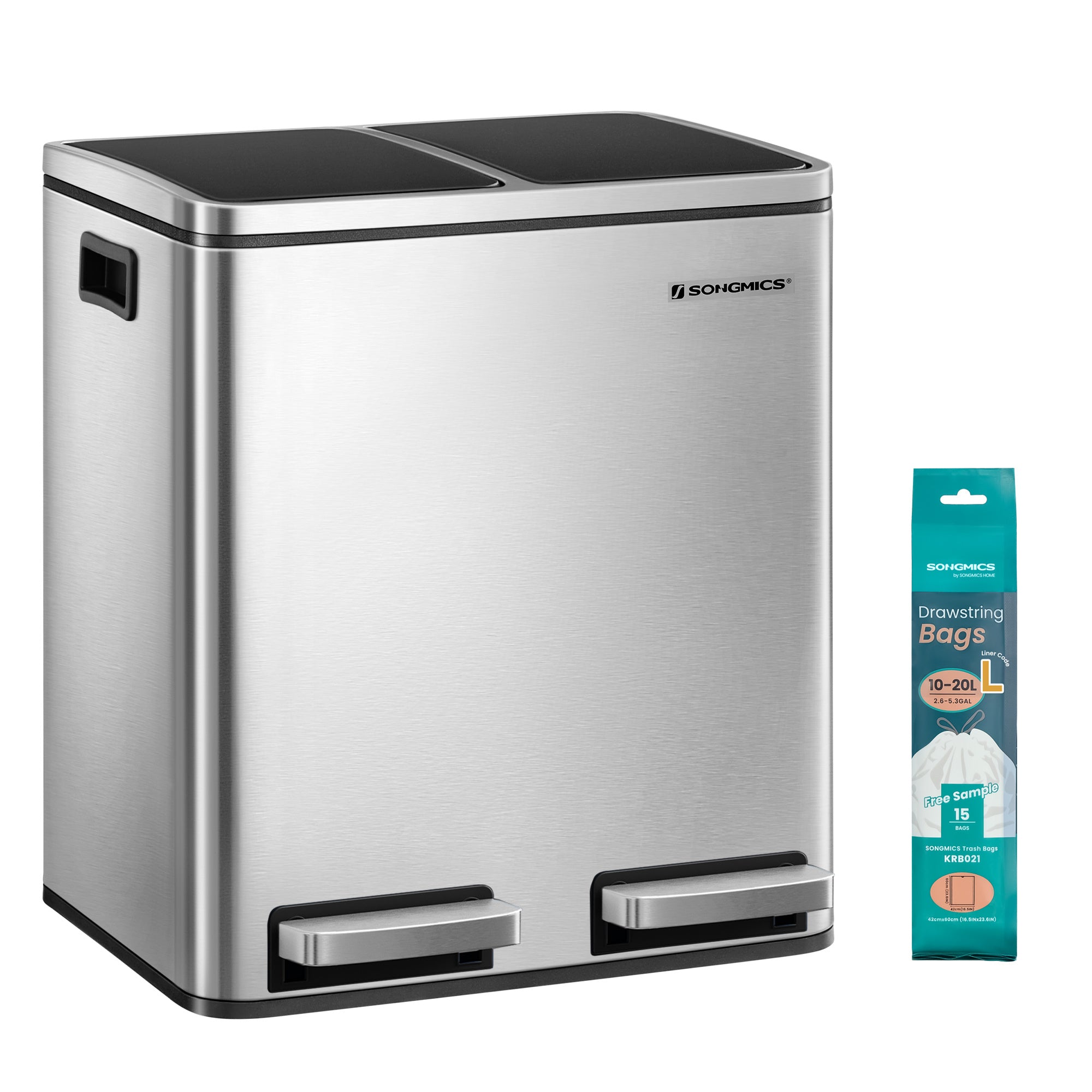 Garbage Can, 2 x 4 Gallon (2 x 15 L) Trash Can, Recycle Bin with Soft-Close Lids, Pedals, and Inner Buckets for Kitchen, Stainless Steel, Silver