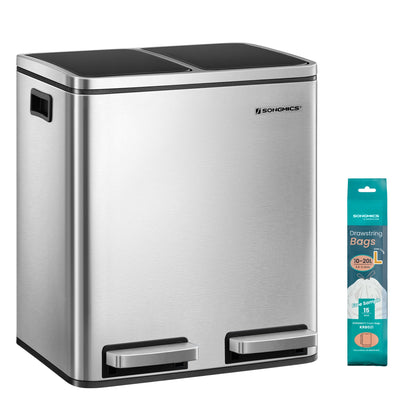 Dual Compartment Stainless Steel Recycling Trash Can – 2 x 4 Gallon (2 x 15L) Kitchen Recycle Bin with Soft-Close Lids, Foot Pedals & Removable Inner Buckets – Fingerprint-Resistant Silver