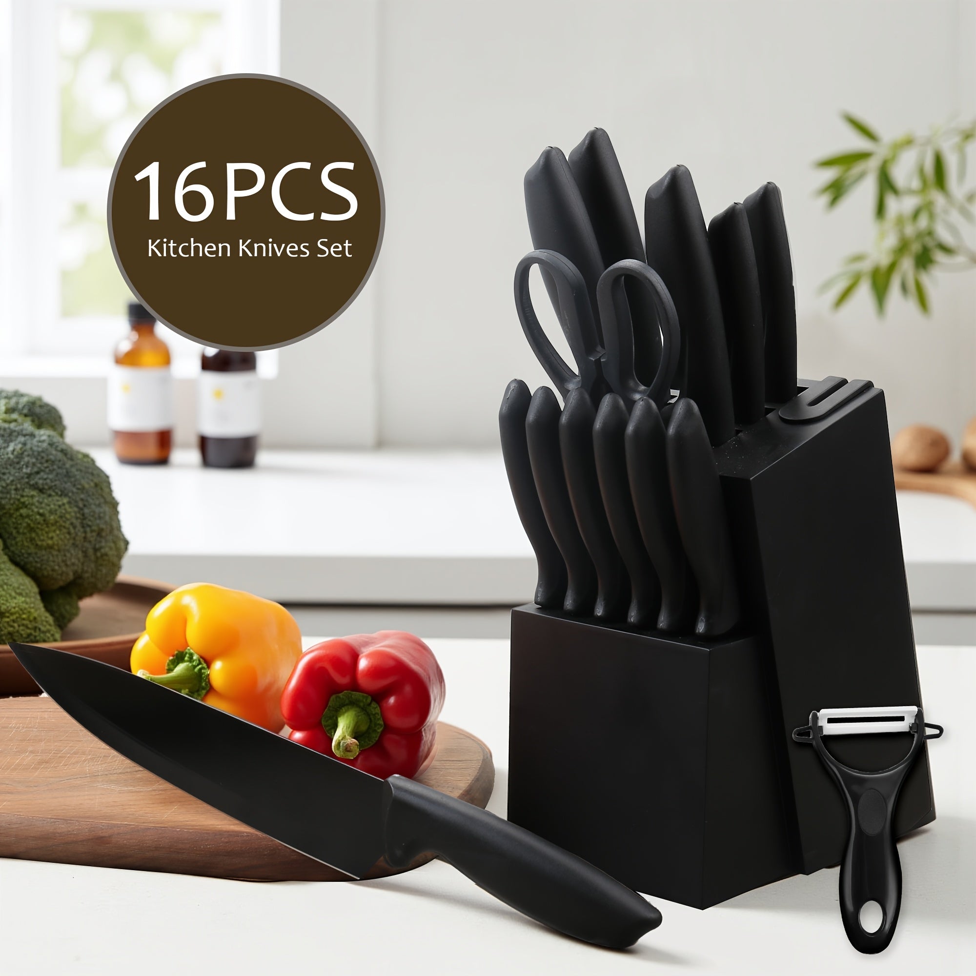 16pcs Professional Kitchen Knife Set with Wooden Block & Sharpener – Super Sharp Stainless Steel Chef Knife Block Set with Steak Knives, Perfect Family Kitchen Gift