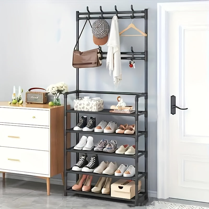 23.62 Inch/172cm 5-Tier Multi-Functional Storage Rack with 8 Double Hooks, Multi-Functional Clothes Hanger and Shoe Rack, Self-Assembly Shoe Rack Storage Box for Living Room, Bathroom, Hallway
