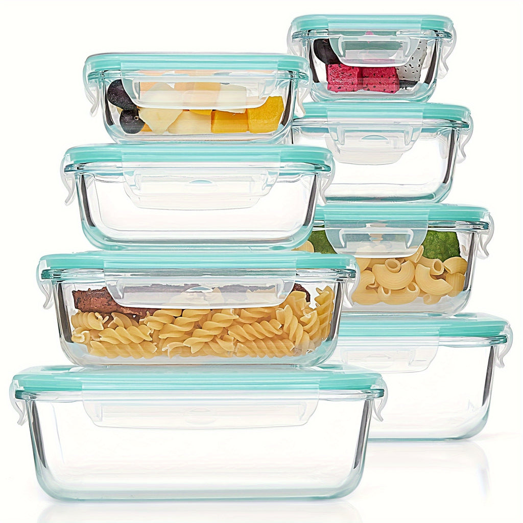 8pcs Airtight Glass Food Storage Containers with Leak-Proof Locking Lids- Microwave, Oven, Freezer& Dishwasher Safe, Perfect for Meal Prep& Multi-Purpose Kitchen Use, Glass Meal Prep Containers|Rectangular Shape|Durable Design, Meal Prep Container