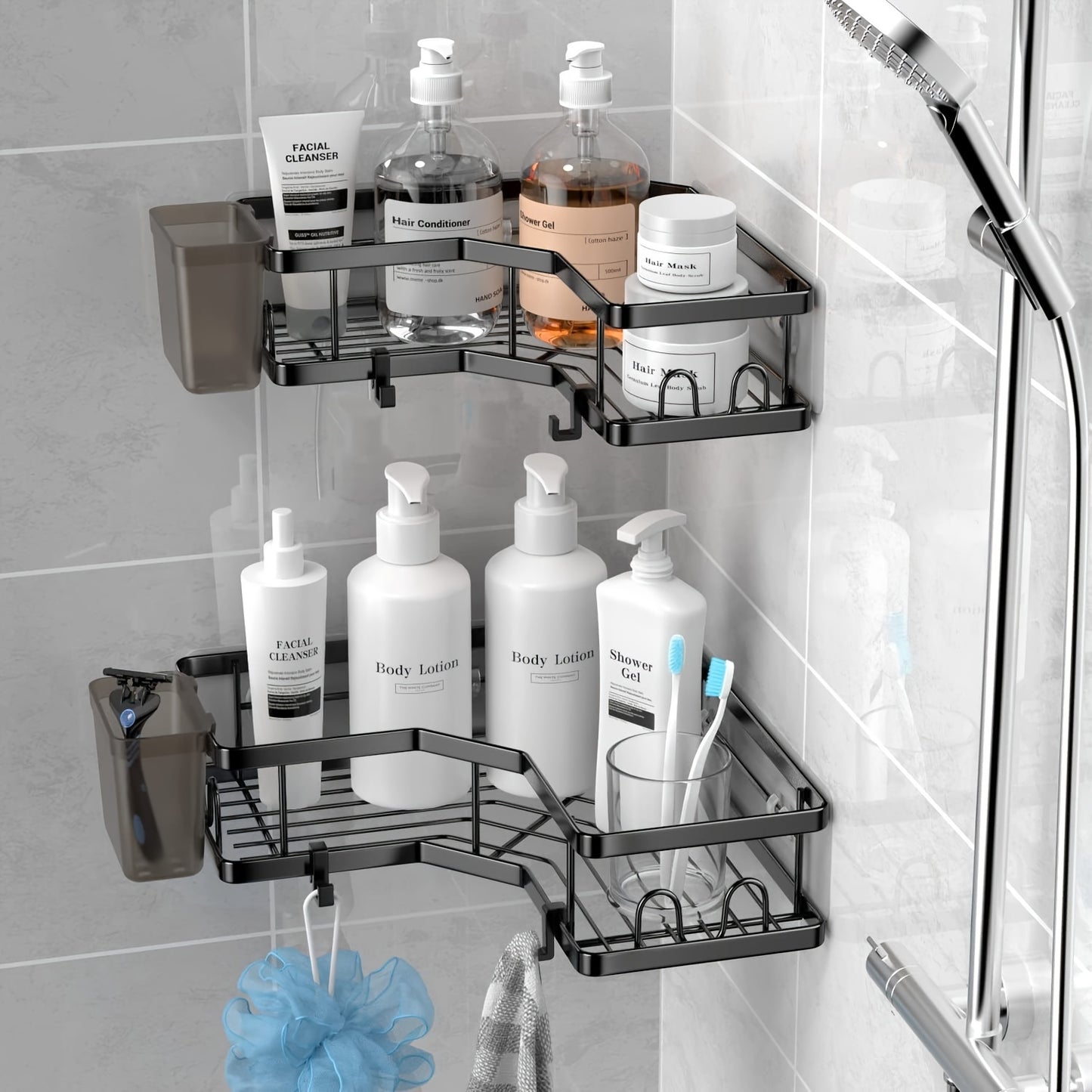 Corner Shower Caddy 2 Pack Adhesive No Drilling – Stainless Steel Shower Corner Shelf Organizer with Hooks & Toothpaste Holder for Bathroom, Kitchen & Dorm Storage