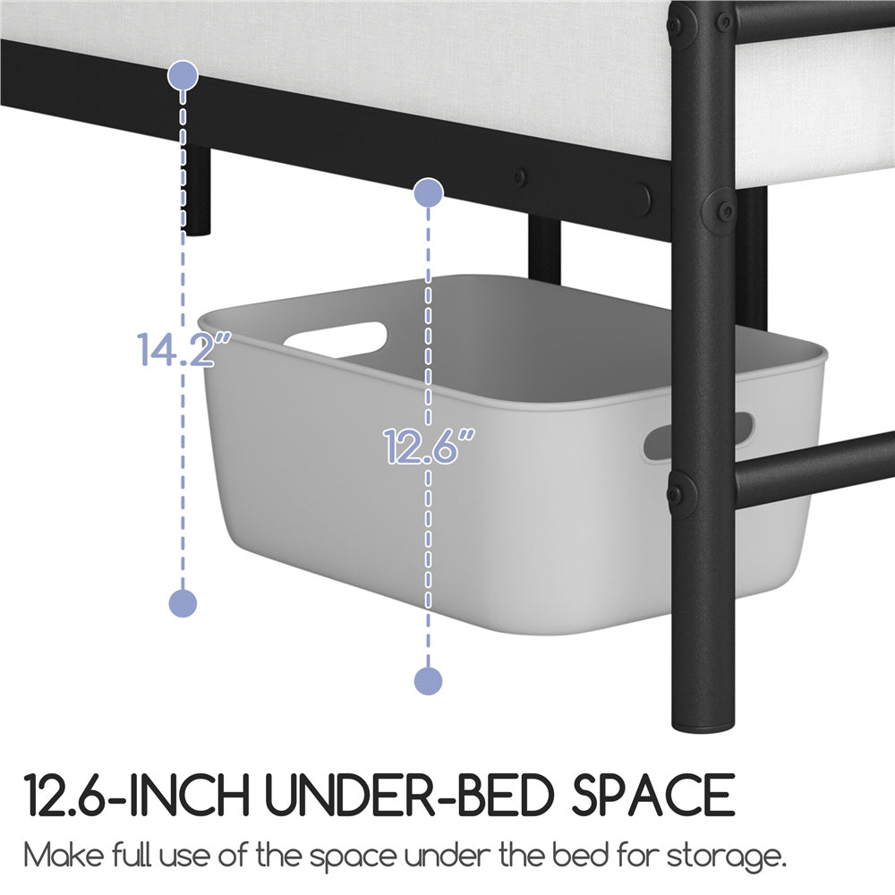 ALDEN DESIGN Bed Frame, Classic Iron Platform Bed with High Headboard and Footboard, Slatted Bed Base, Mattress Foundation, Farmhouse Platform Bed, Strong Metal-Framed Bed with Storage, Black/White, Twin/Full/Queen Size