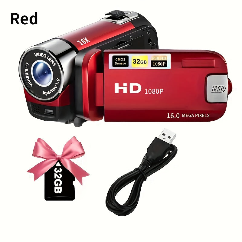 1080P Full HD Camera, Wearable Handheld Design with 270° Rotating LED Flip Screen, 32GB Memory Card, 16x Zoom, Portable Wide Angle Camera, Suitable for Travel, Party And Outdoor Recording