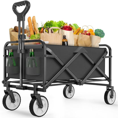 680LBS Heavy Duty All-Terrain Folding Utility Cart – 155L Large Capacity Collapsible Wagon with 360° Swivel Wheels & Adjustable Handle for Camping, Yard, Gardening, Sports & Shopping – Black