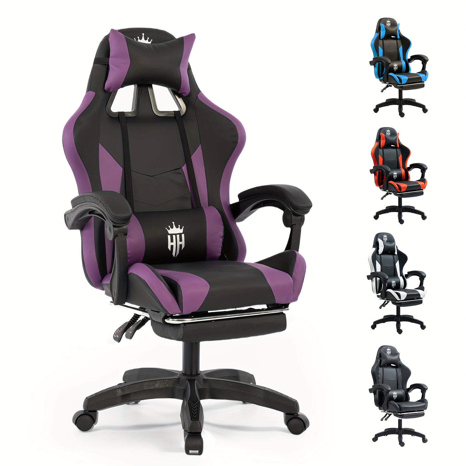 Gaming Chair with Footrest, Headrest & Lumbar Support – Ergonomic Computer Chair Height Adjustable 360° Swivel, High-Back Video Game Seat for Home Office & Gaming Setup, Black White Red Blue Purple