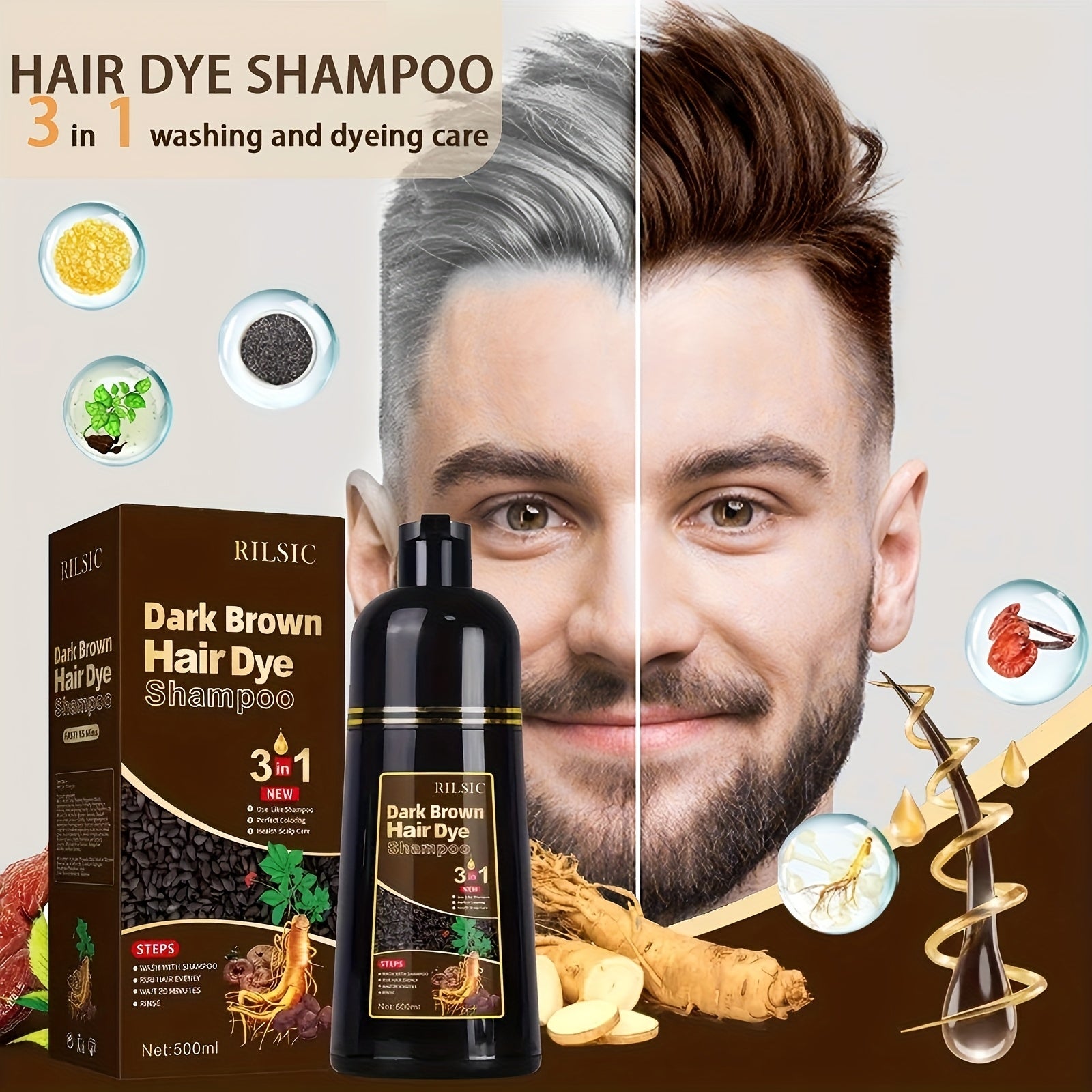Hair Dye Shampoo for Grey Hair 3-Pack - Herbal Natural 3-in-1 Instant & Long-Lasting Gray Hair Coverage Shampoo for Men & Women, Plant Squalene Formula for All Hair Types