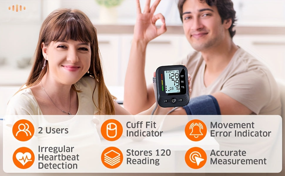Automatic Upper Arm Blood Pressure Monitor with Heart Rate And Pulse Measurement, Adjustable Cuff (up to 16.54inch), Dual User Mode, 240 Memory Readings, Perfect for Home and Travel, Heart Rate Detection, Includes Batteries, Accurate Blood Pressure