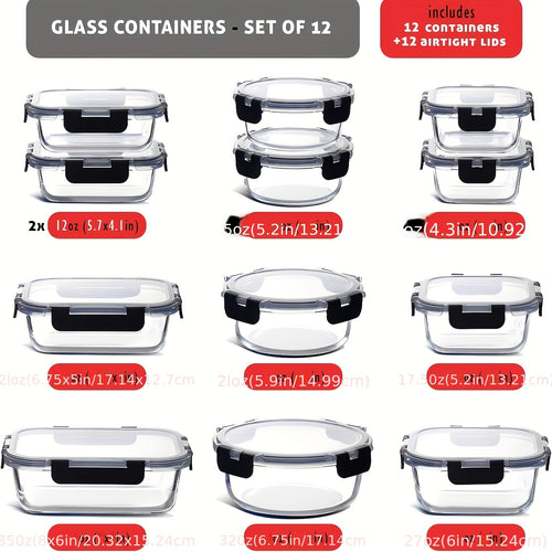 12 Piece Glass Food Storage Containers with Lids - Borosilicate Airtight Meal Prep Containers, Leak-Proof BPA-Free, Microwave Freezer Dishwasher Safe, Stackable Glass Lunch Containers