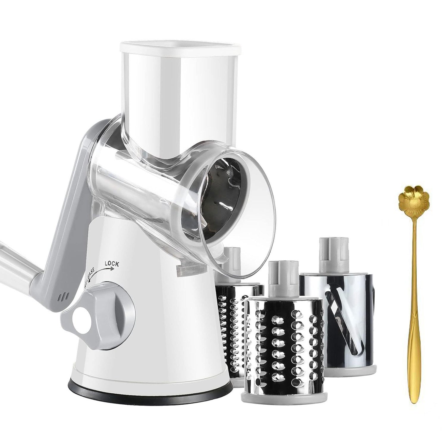 4-Piece Hand-Crank Drum Vegetable Cutter & Slicer – Manual Multi-Functional Kitchen Vegetable Chopper with Interchangeable Drums for Shredding, Slicing & Grating