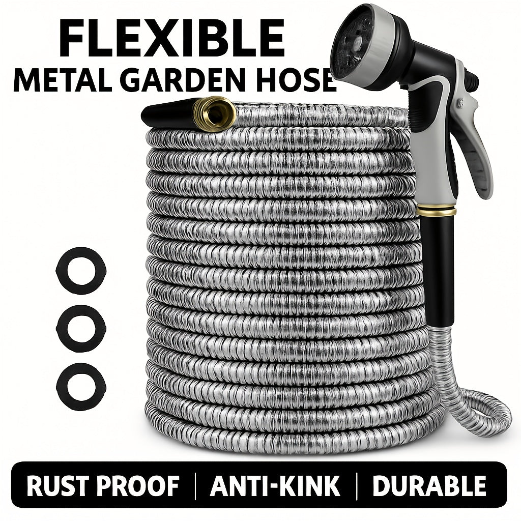 50Ft/ 100Ft Heavy-Duty Stainless Steel Garden Hose Ultra-Flexible, Puncture-Resistant Anti-Rust with 10-In-1 Nozzles Kink-Free 3/ 4" PVC Inner Layer All-Season Use