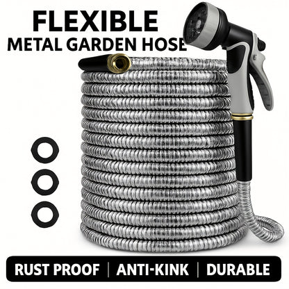 Stainless Steel Garden Hose 50ft/100ft Heavy Duty Kink-Free with 10-in-1 Nozzle – 304 Stainless Steel Flexible Puncture-Resistant Anti-Rust Hose, 3/4" PVC Inner Layer, All-Season Outdoor Use Canada