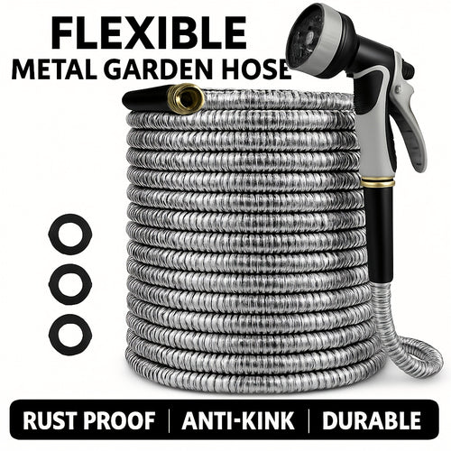 Stainless Steel Garden Hose 50ft/100ft Heavy Duty Kink-Free with 10-in-1 Nozzle – 304 Stainless Steel Flexible Puncture-Resistant Anti-Rust Hose, 3/4" PVC Inner Layer, All-Season Outdoor Use Canada