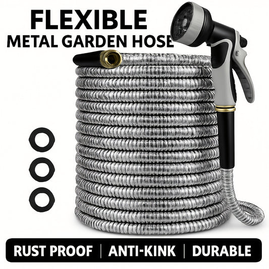 50Ft/ 100Ft Heavy-Duty Stainless Steel Garden Hose Ultra-Flexible, Puncture-Resistant Anti-Rust with 10-In-1 Nozzles Kink-Free 3/ 4" PVC Inner Layer All-Season Use