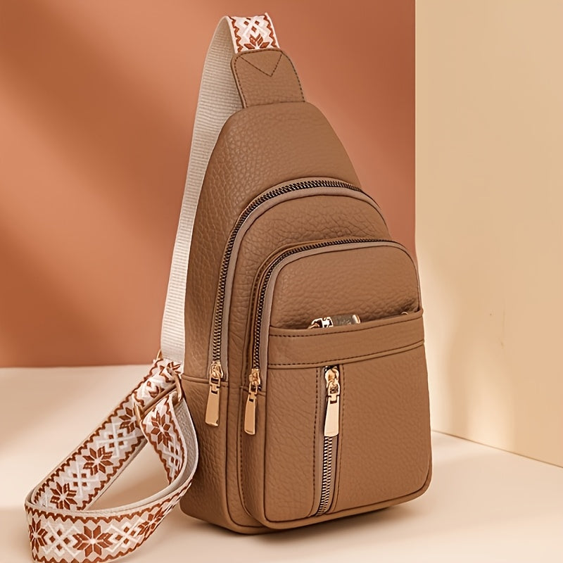 Vintage PU Chest Bag Multi-Pocket Zipper Crossbody with Floral Strap – Unisex Sports Sling Bag for Hiking & Outdoor | Men & Women | ShopVora CA
