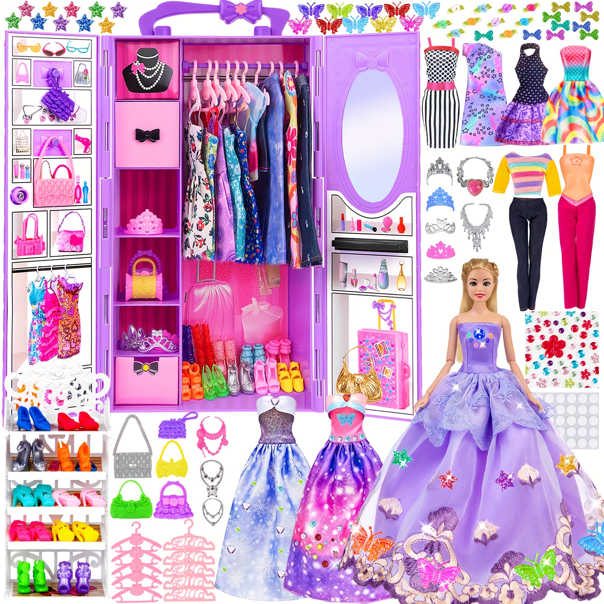 Fashion 91pcs 11.5-Inch Girl Doll with Clothes Additions And Closet, Princess Gowns, Fashion Dresses, Outfits, Swimsuits, Shoes, Hangers, Doll Dress-Up Toys for Girls Kids Toddlers Toy Gifts