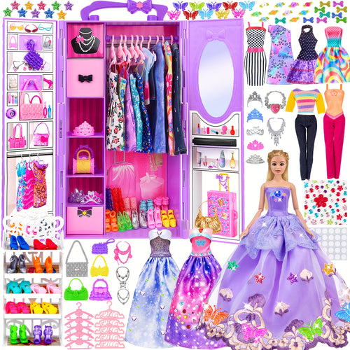 91pcs Fashion Doll Dress-Up Set with Closet, 11.5 Inch Girl Doll, Princess Gowns, Dresses, Swimsuits, Shoes & DIY Accessories – Toy Gift for Girls Kids Toddlers