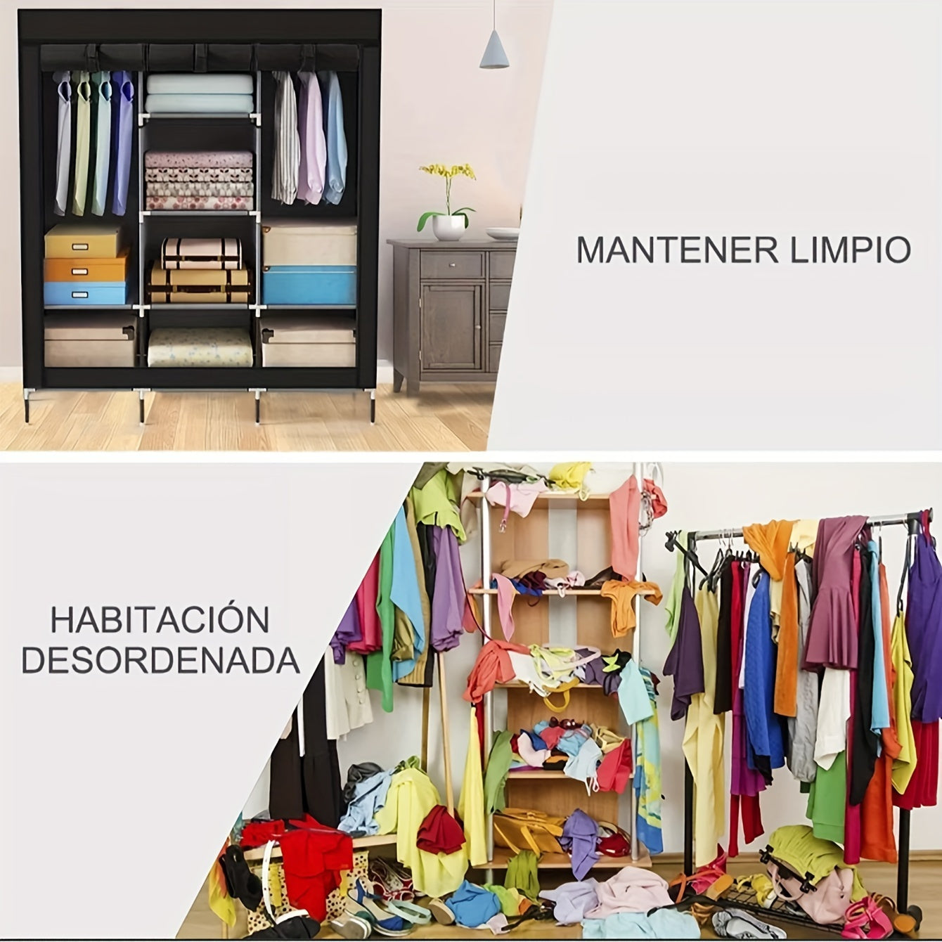 Portable Wardrobe Closet Clothes Organizer Non-Woven Fabric Cover with 6 Storage Shelves, 2 Hanging Sections and 4 Side Pockets size (170*128*45CM/148*56*44CM)