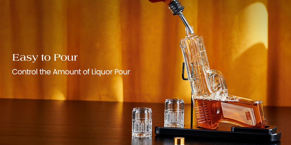 Father's Day Mother's Day Gifts, Whiskey Decanter & 2 Shot Glass, Unique Birthday Gift Ideas, Anniversary Gift for Him, Husband, Cool Pistol Holder Dispenser for Liquor Bar