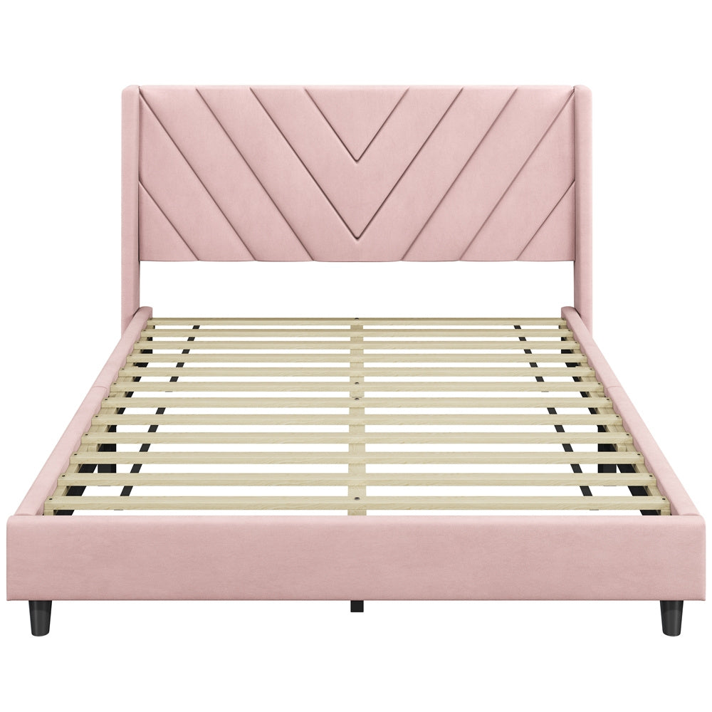 Upholstered Platform Bed with Tufted Headboard Wing Edge Wooden Slats Queen Full Bed Frame 800lb Capacity Beige Dark Gray Light Gray Pink - Canada