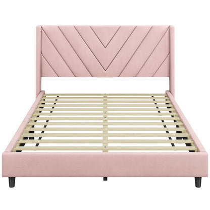 Upholstered Platform Bed with Tufted Headboard Wing Edge Wooden Slats Queen Full Bed Frame 800lb Capacity Beige Dark Gray Light Gray Pink - Canada