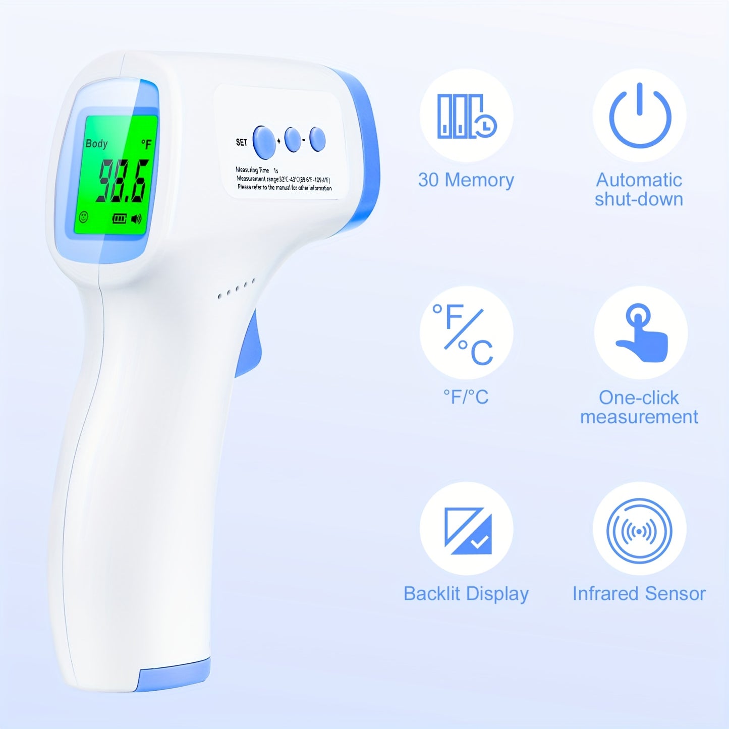 3-in-1 Infrared Forehead Thermometer with LCD Display – Touch-Free 1-Second Reading, Fever Alarm, Silent & Memory Mode, Home Travel Medical Use, Green Purple Blue