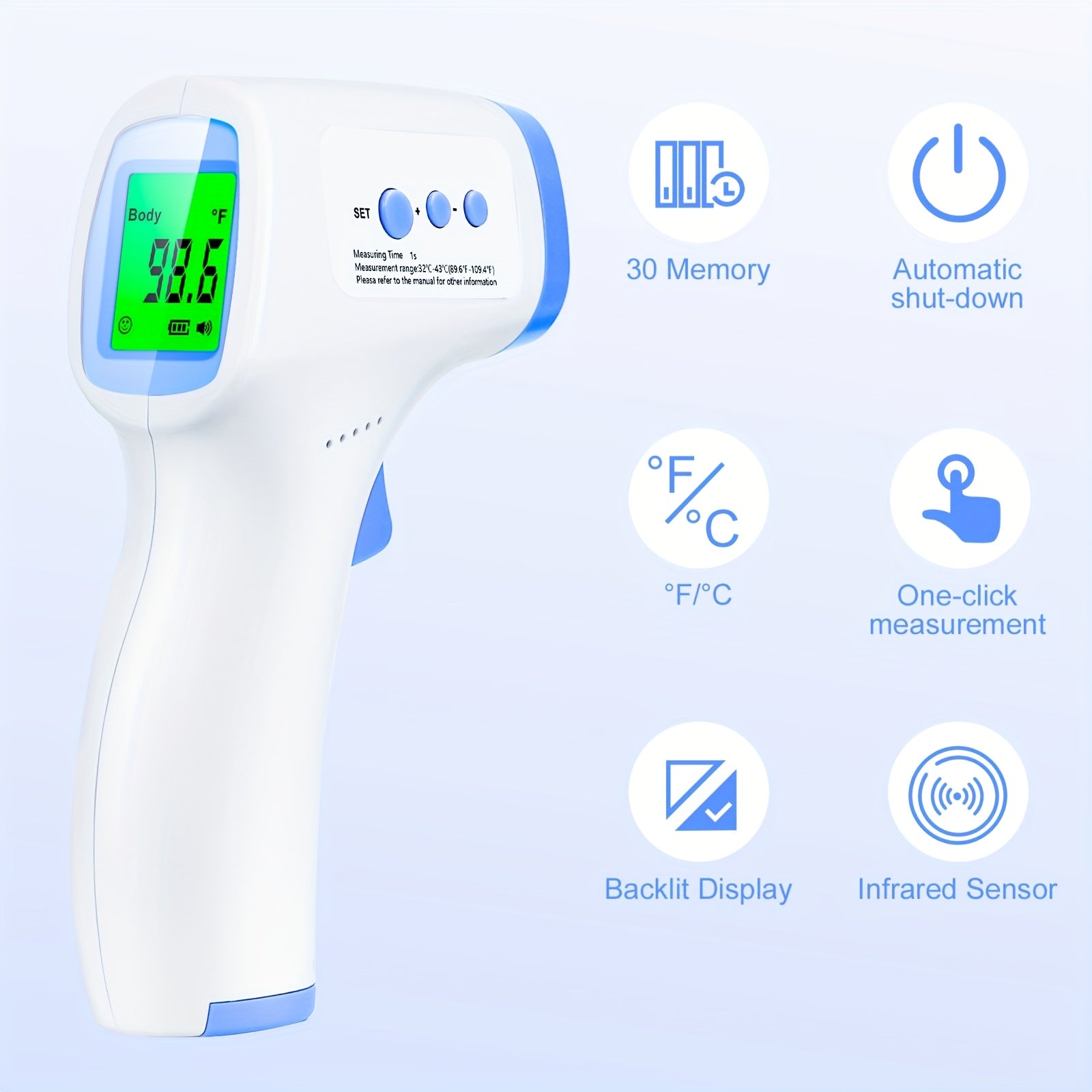 3-in-1 Infrared Forehead Thermometer with LCD Display – Touch-Free 1-Second Reading, Fever Alarm, Silent & Memory Mode, Home Travel Medical Use, Green Purple Blue