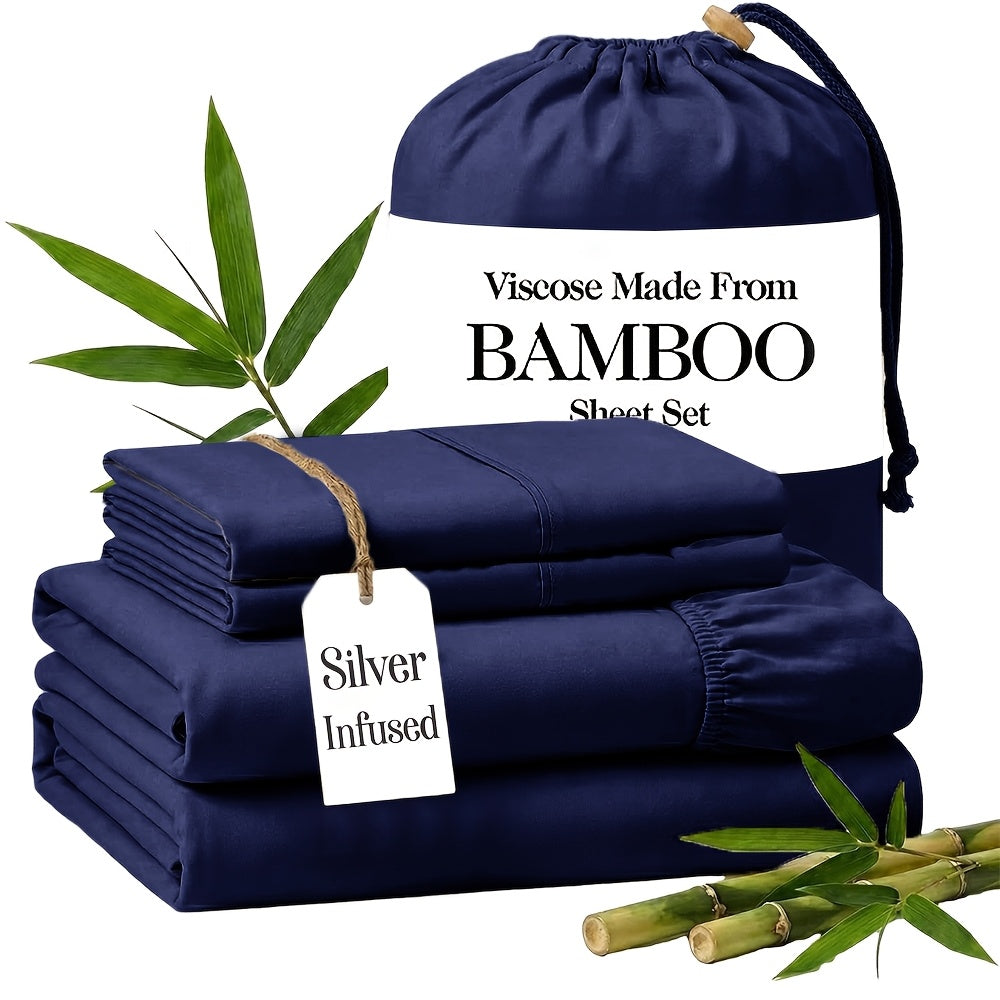 Silver Infused Bamboo Sheet Set 3/4pcs – Ultra-Soft Cooling Bed Sheets with 17" Deep Pockets, Antibacterial Wrinkle-Free Viscose Bedding for Hot Sleepers, Fitted Sheet, Flat Sheet & Pillowcases, Twin Full Queen King, 7 Colours