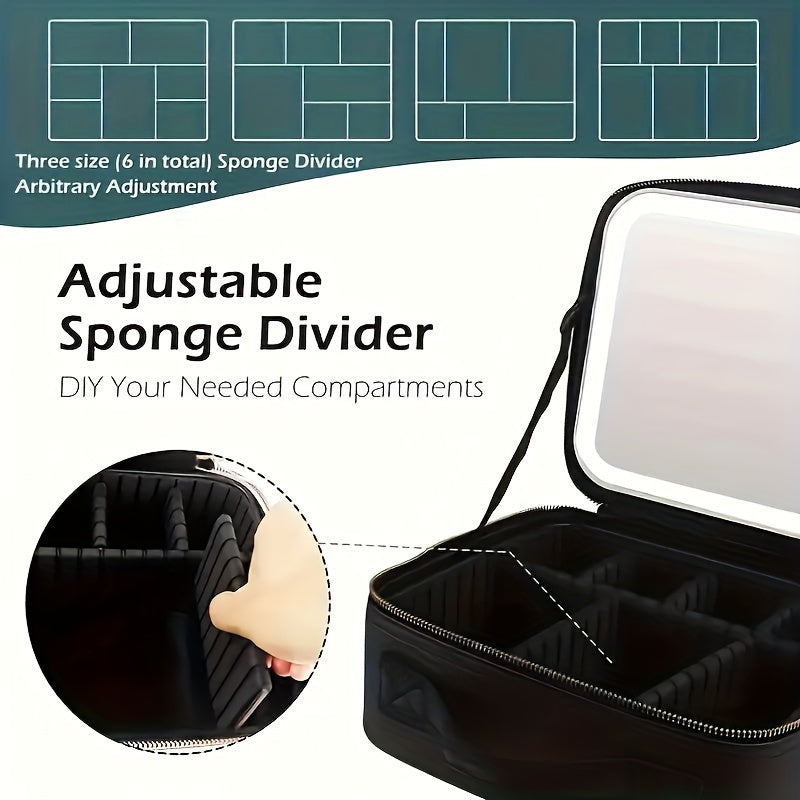 Makeup Bag With Mirror Of LED Lighted, Travel Makeup Train Case Cosmetic Bag Organizer With Mirror And Lights, Make Up Bag With Light Up Mirror Adjustable Divider Brush Board, Christmas Halloween Thanksgiving Gift