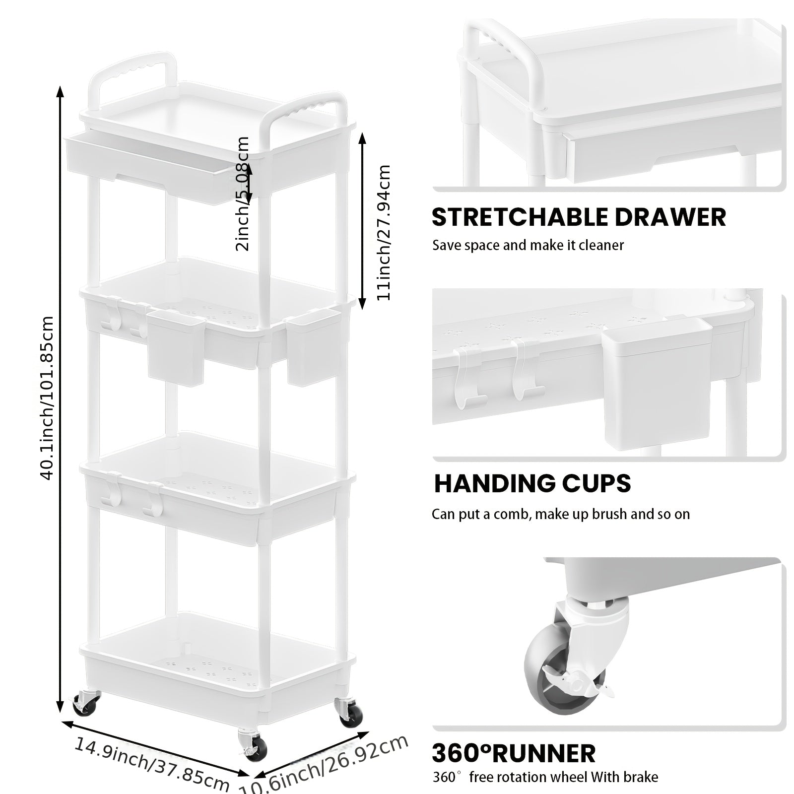 Rolling Storage Cart with Drawers & Hooks – 3 or 4 Tier, Wheels, Kitchen & Bathroom