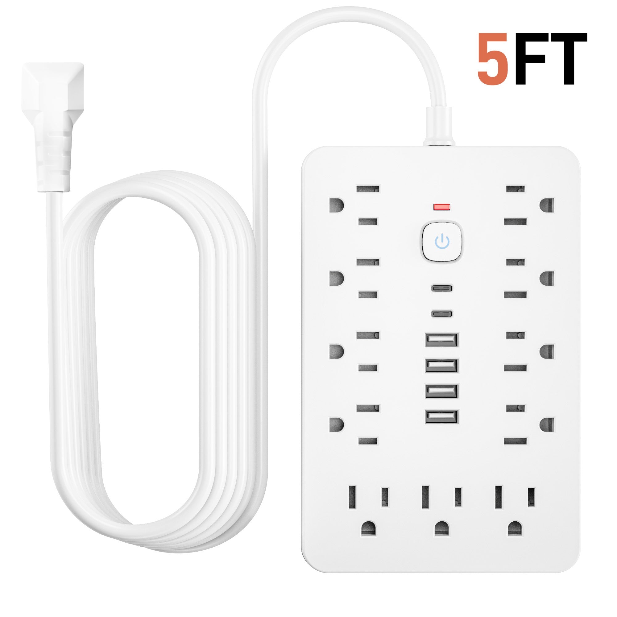 17-in-1 Power Strip Surge Protector, 11 AC Outlets & 6 USB Ports (2 USB-C), On/Off Switch, 5ft & 10ft Extension Cord – Ideal for Office, Kitchen, Dorm, Travel – Black & White