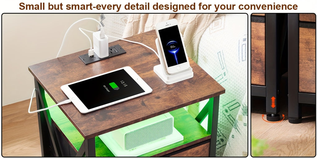 AMHANCIBLE Night Stand 1pc/2pcs, LED Nightstand With Charging Station, End Tables Living Room With Fabric Drawers, Better Storage, Bedside Table For Bedroom