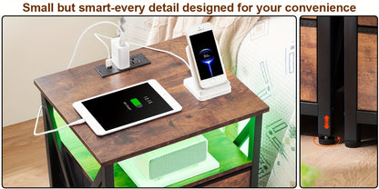 LED Nightstand with Charging Station & Fabric Drawers – Modern Bedside Table End Table for Bedroom Living Room, Better Storage (1pc or 2pcs Set)